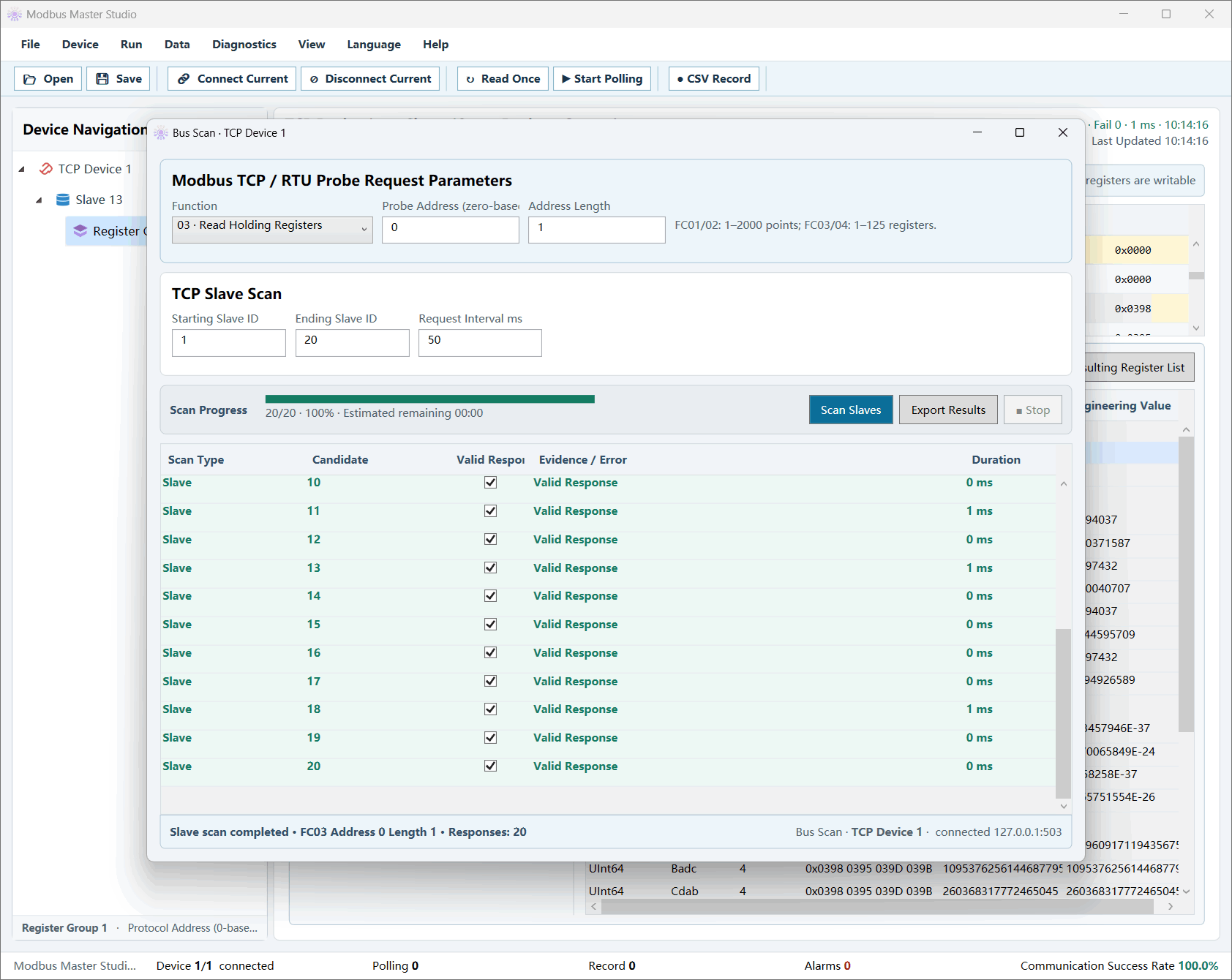 Modbus bus scan showing slave IDs with valid responses