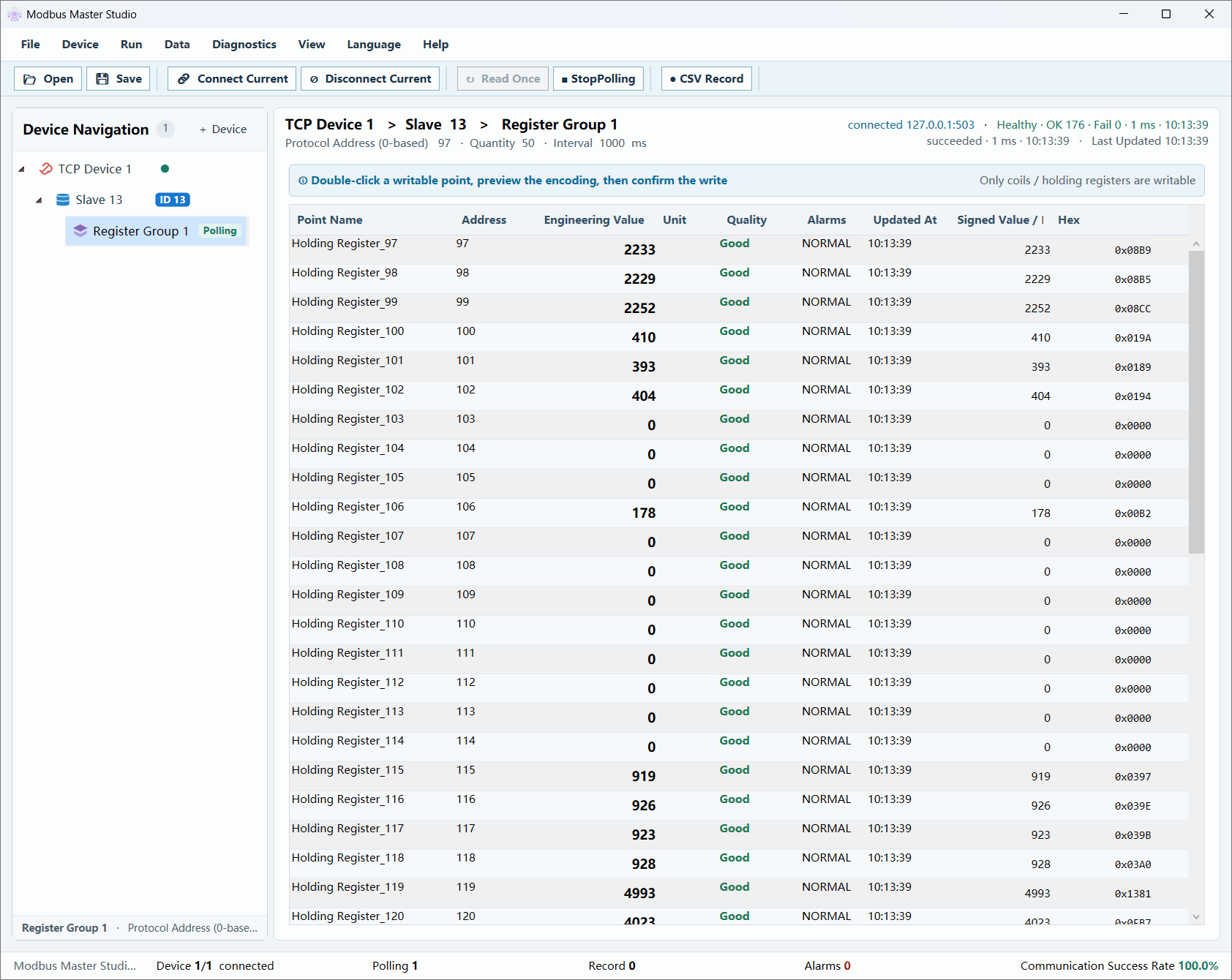 Live register values with addresses, quality, alarms and update times