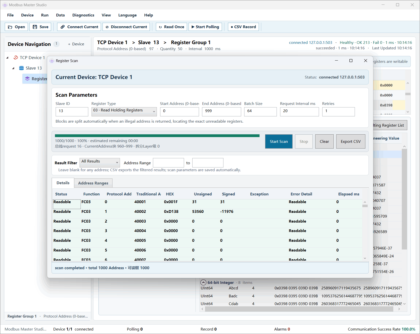 Register scan parameters and results listing readable holding registers