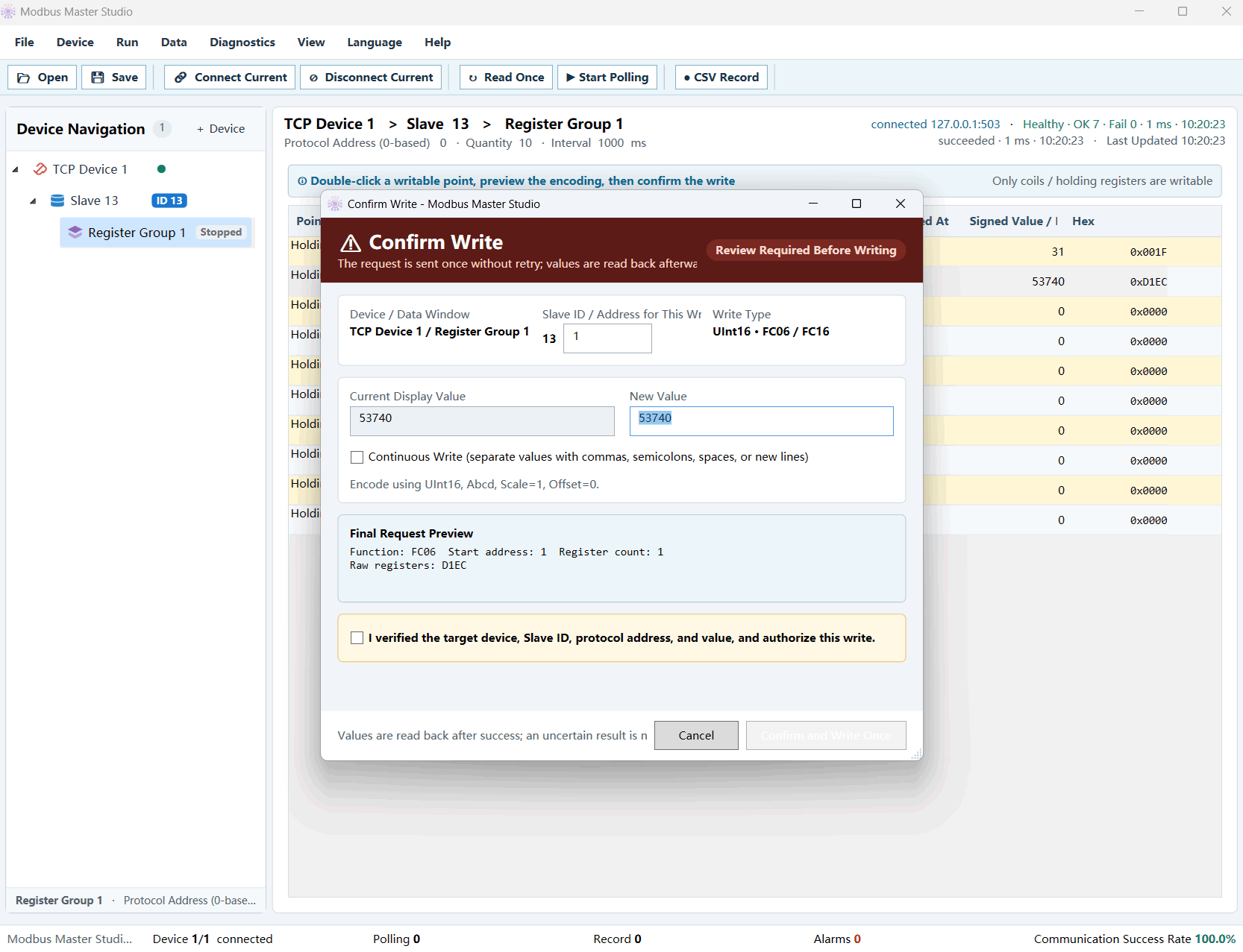 Register write confirmation with the target address, new value and final request preview